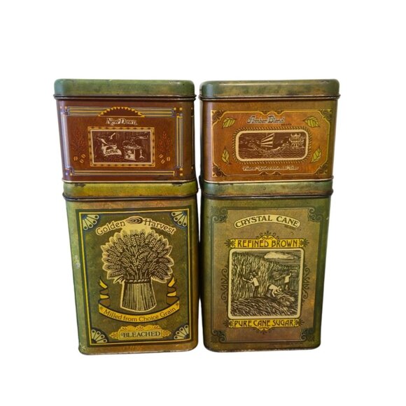 Retro Kitchen Tin Canister Set Coffee, Tea, Sugar & Flour Tins Vintage 1970s Sty - Picture 2 of 16